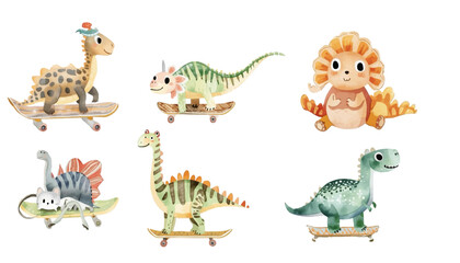 Obraz premium Cute Dinosaurs on Skateboards Watercolor Illustration for Kids