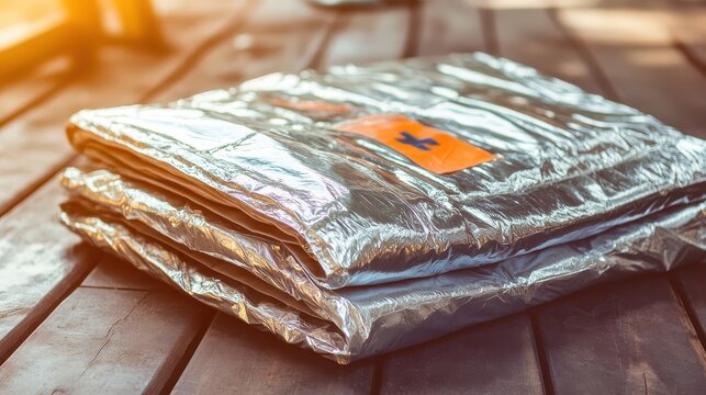 Folded silver emergency foil blanket with orange warning symbol on wooden surface - Powered by Adobe