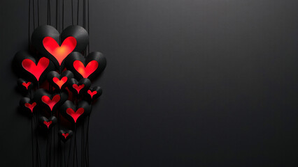 Black hearts with glowing red centers—suspended in moody gradient, evoking dramatic love and emotional tension.
