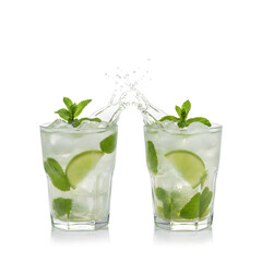 Refreshing Mojito Toast: Two vibrant mojito cocktails, each a refreshing blend of mint, lime, and ice, playfully toast each other, with a splash of water.