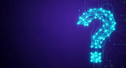 Abstract image of connected nodes forming a question mark, glowing blue on dark purple, representing technology, data, and problem-solving in modern context