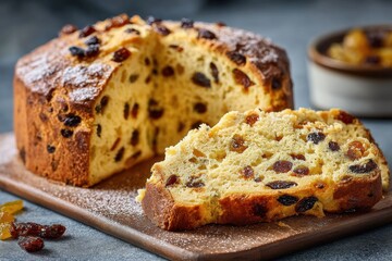 Slice of Dreikönigskuchen with raisins, soft crumb
