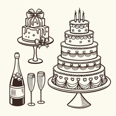 Set of various holiday cakes, candles, champagne pyramid and bows. Vector hand drawn elegant illustration in vintage sketch style. ClipArt's for birthday, wedding, valentines designs
