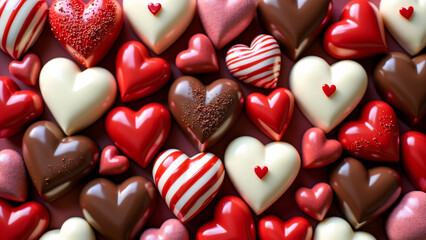 Heart-shaped confections in red, pink, white, and brown—dense, festive, and sweet Valentine’s delight.
