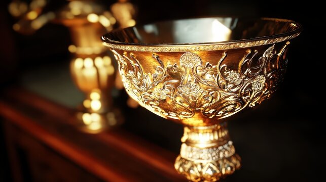 Gleaming Gold Chalice with Ornate Filigree and Intricate Details