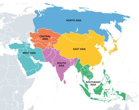 Subregions of Asia, political map. Main regions of continent Asia. North, Central, East, West, South, and Southeast Asia. Ural Mountains and River are the informal boundaries between Asia and Europe.