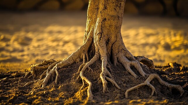 Gnarled exposed roots of a solitary ancient tree gripping the earth in warm golden sunlight