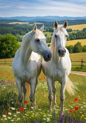 Obraz premium Two Majestic White Horses in a Field - Two beautiful white horses stand in a vibrant field of wildflowers, with rolling hills and a clear blue sky in the background