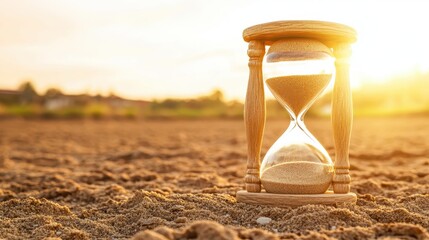 Golden sand grains sifting through a wooden hourglass at sunset casting warm light on the desert ground