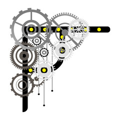 Mechanical gear system with yellow accents, industrial illustration for website, presentation or marketing material, isolated on transparent background, png