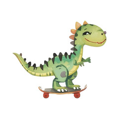 A cheerful green cartoon dinosaur skateboarding with a smile. This playful prehistoric animal is a cute watercolor style vector illustration for children