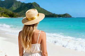 Rear view of a young blonde woman wearing a white dress and straw hat, standing on a tropical beach and looking at the turquoise sea. Lush green mountains and clear blue sky in the background.