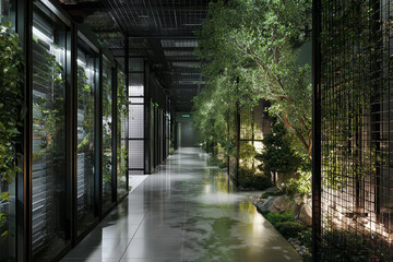 A data center with racks of energy-efficient servers, surrounded by indoor trees and plants, creating a serene and sustainable environment that reflects the future of green technol