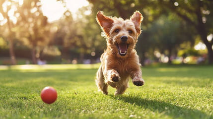 Happy dog running on green grass with a red ball in a sunlit park during the afternoon
