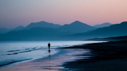 High quality image of silhouette of a person walking on a beach at dusk with mountains.
