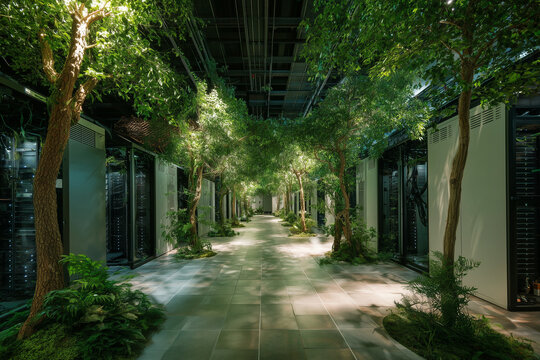 A data center with racks of energy-efficient servers, surrounded by indoor trees and plants, creating a serene and sustainable environment that reflects the future of green technol - Powered by Adobe