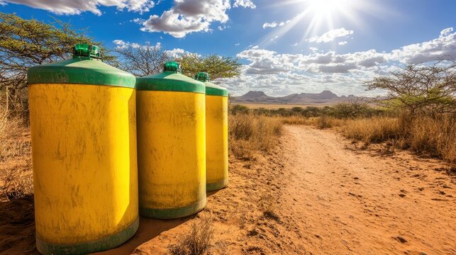 Group of sturdy yellow and green collapsible water storage tanks standing outdoors in a dry sunny landscape with mountains in the background