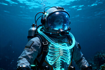 A futuristic diver in a suit with a glowing neon skeleton explores the deep ocean. A surreal concept of future aquatic exploration and technology.