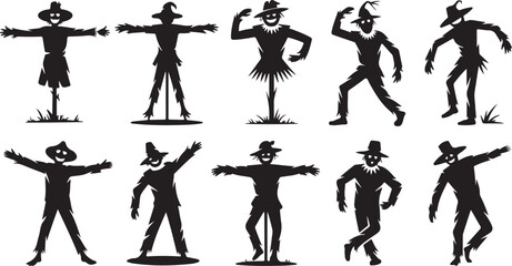Ten Black Silhouette Scarecrows with Smiling Faces and Dynamic Poses Keywords: scarecrow, silhouette, smiling, happy, cheerful, autumn, harvest, farm, straw man, traditional, rural, country