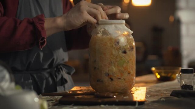 A person carefully ties a jar of fermented cabbage sauerkraut closed with string in a warm kitchen. This activity is part of traditional food preservation