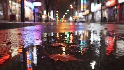 Urban night scene showing colorful reflections of streetlights on wet pavement after rain. Realistic lighting and motion for cinematic and atmospheric video backgrounds. - Powered by Adobe