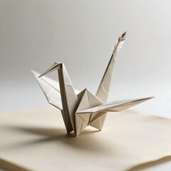 White Paper Origami Crane Bird on Wooden Table Minimalist Art Craft