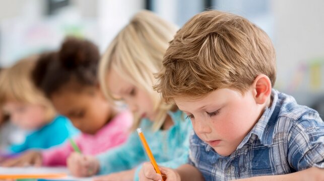 Creative learning environment with children actively engaged in writing and drawing activities in a classroom setting