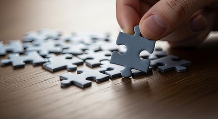 Closeup of a hand placing the final puzzle piece to complete a jigsaw puzzle.