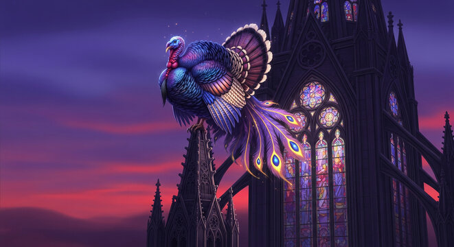 Colorful turkey perched atop gothic architecture, featuring stained glass. Represents a fusion of natural beauty and human artistry under vibrant sky