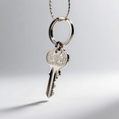Ornate Silver Key Hanging on Chain with Filigree Design Security Concept