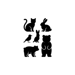  cute animal silhouettes cat, rabbit, bird, bear, solid black, vector, white background