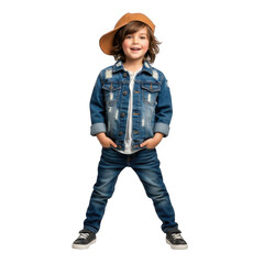 Young boy in denim outfit wearing a hat isolated on transparent background