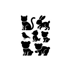 cute animal silhouettes cat, rabbit, bird, bear, solid black, vector, white background