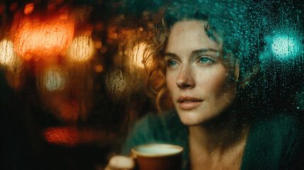 Thoughtful woman holding coffee cup by rainy window at night, expressing introspection, solitude, warmth, and emotional quiet moments.