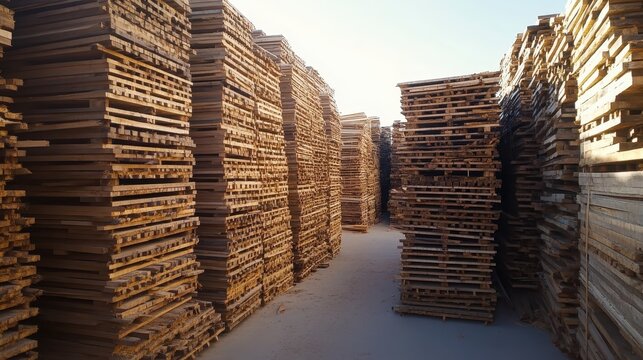Large stacks of salvaged wooden pallets organized neatly in outdoor storage for construction and shipping materials