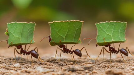 Leafcutter ants carrying leaves in a coordinated procession