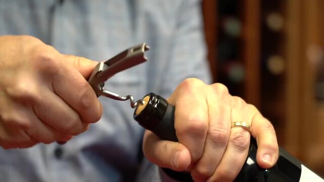 Close-up of a man's hand using a corkscrew to unscrew the wooden cork of a wine bottle