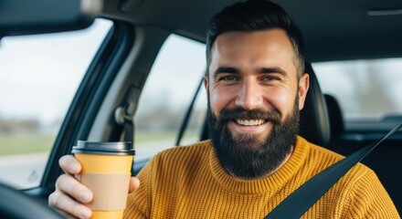 Cheerful man driving car and holding coffee cup smiling face