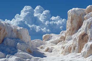 Breathtaking white limestone cliffs under vibrant blue sky with fluffy clouds