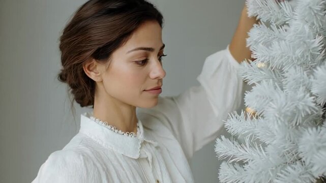 Young woman decorates a white Christmas tree, serene holiday atmosphere, classic winter celebration with elegant simplicity