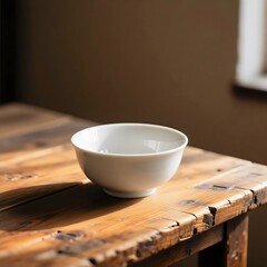 Contrast Styling: Glossy White Ceramic Bowl on Rustic Distressed Wooden Table Surface