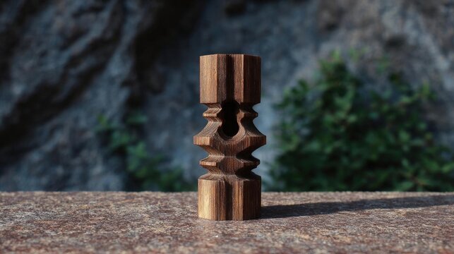 Small wooden object standing on a rock surface. the object appears to be made of a light-colored wood, possibly pine or birch, and has a smooth finish.