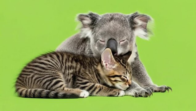 A koala tenderly nuzzles a sleeping tiger cub against a vibrant greenscreen