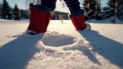 A warm walk in red winter boots on sparkling snow, a dynamic close-up of a step and footprints in the frosty sun