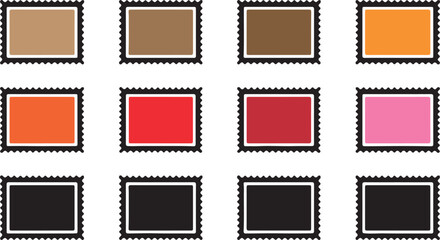 Twelve colorful rectangular stamps, arranged in a grid, showcase various shades on a white backdrop