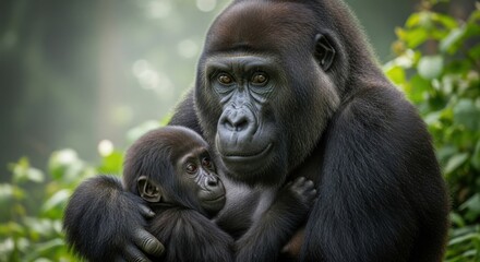 Obraz premium Gorilla mother and baby portrait, wildlife photography of primates in natural habitat, family love and care