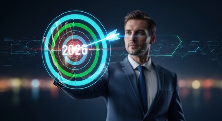 Business Vision for 2026 Target - A focused businessman achieves a 2026 target, symbolized by an arrow hitting a bullseye