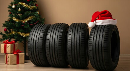 Car tire with santa hat near Christmas tree and gift box. Holiday discount for auto tire service. Winter car maintenance concept.