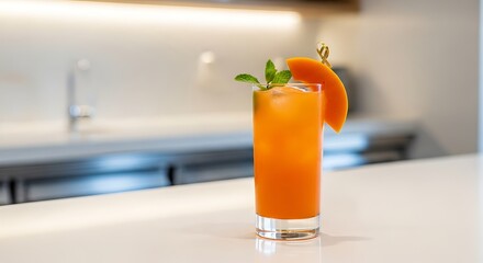 Refreshing cantaloupe cocktail on a white counter