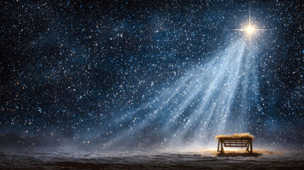 A star lights up the night, casting a glowing ray above the manger where baby Jesus was born. Snowflakes fall softly in this tranquil scene